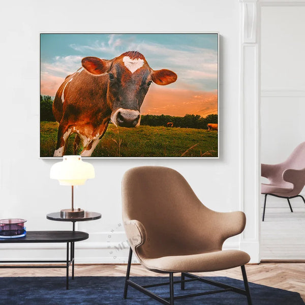 Running Cow Colorful Sunset Canvas