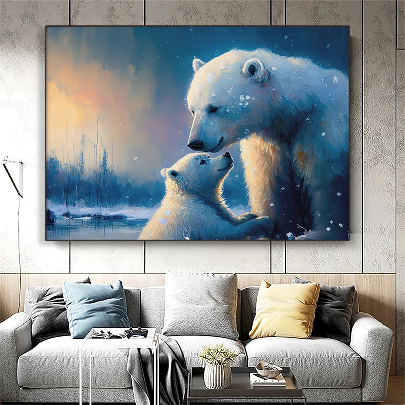 Polar Bear Family Ice Sea Canvas Painting Wall Art