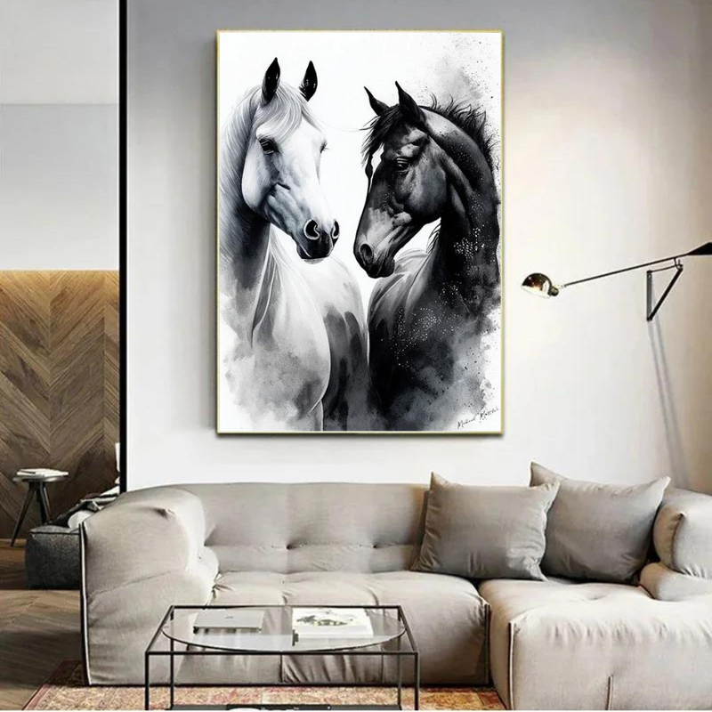 Black and White Horse Watercolor Canvas Oil Painting